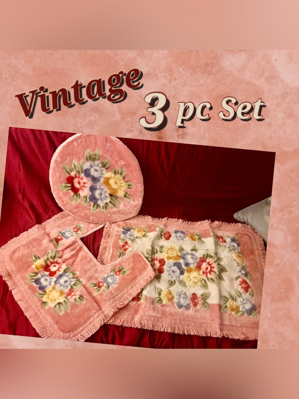 Vintage Style Pink Floral 3 Pc Bathroom Rug Set